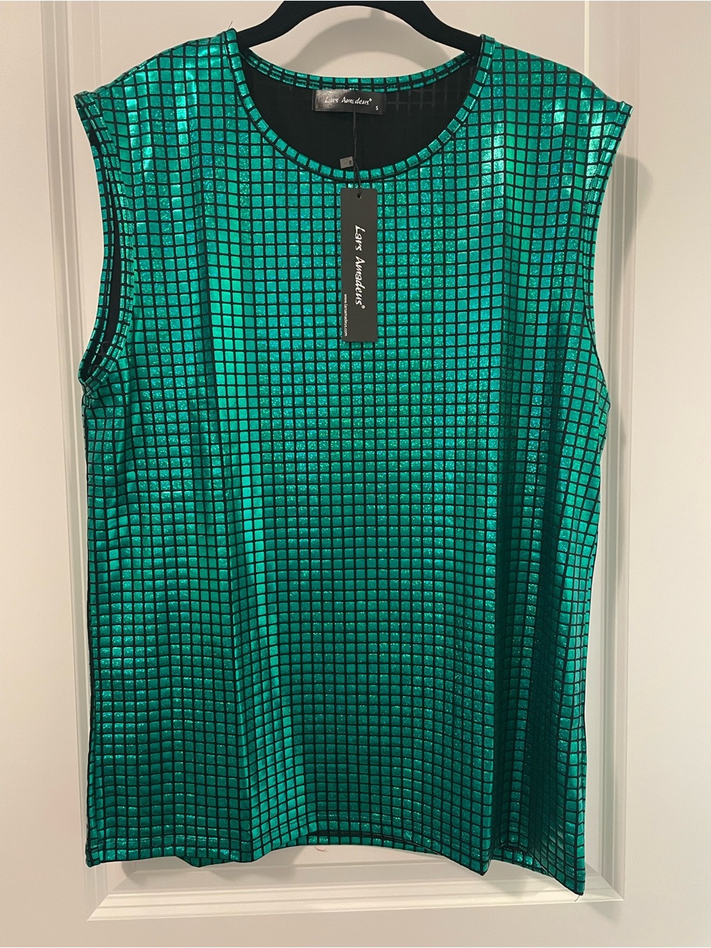 Lars Amadeus Green Metallic Grid Short Sleeve Tee